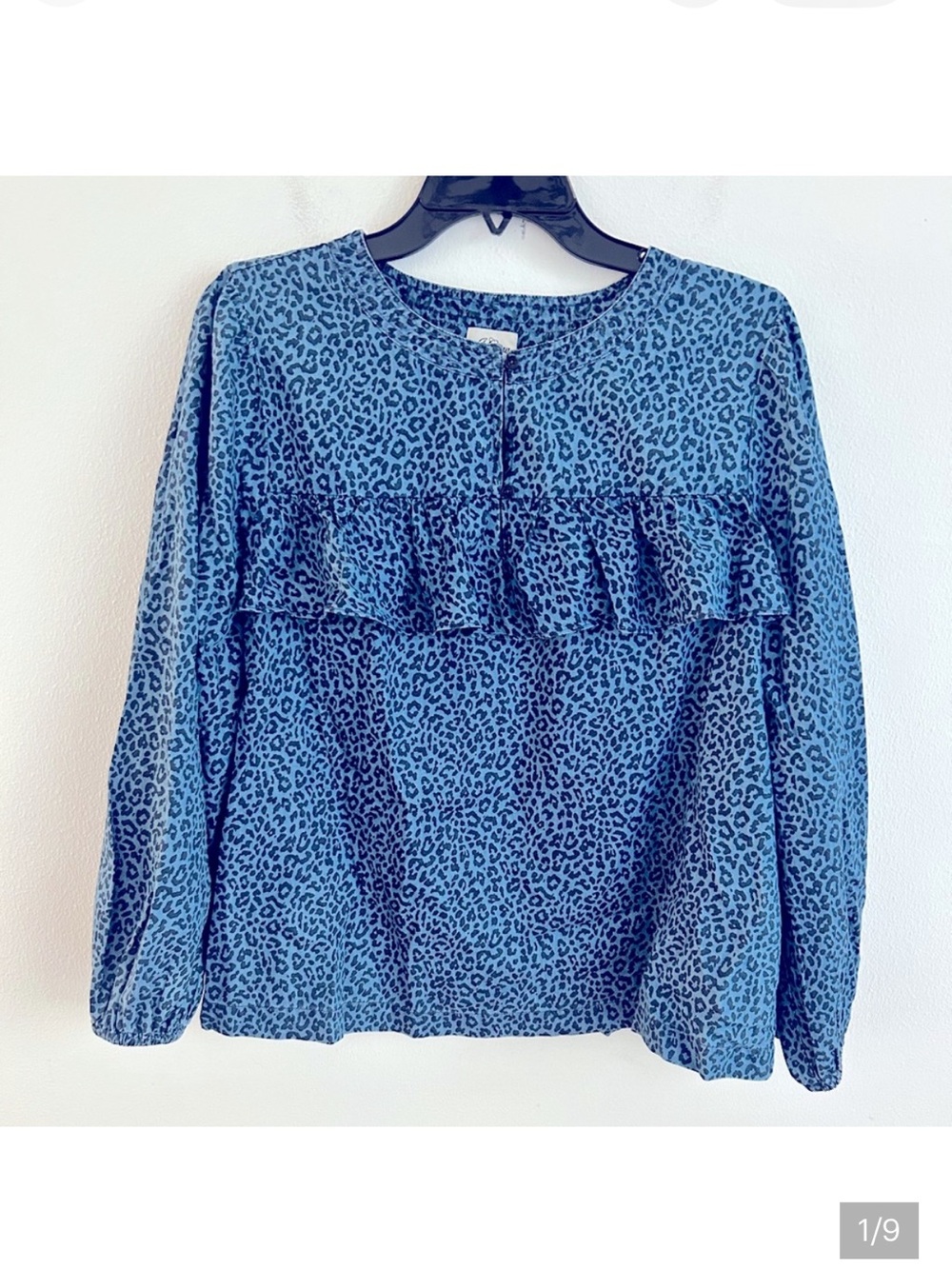 JCrew blue cheetah leopard print long sleeve length ruffle blouse womens Xs